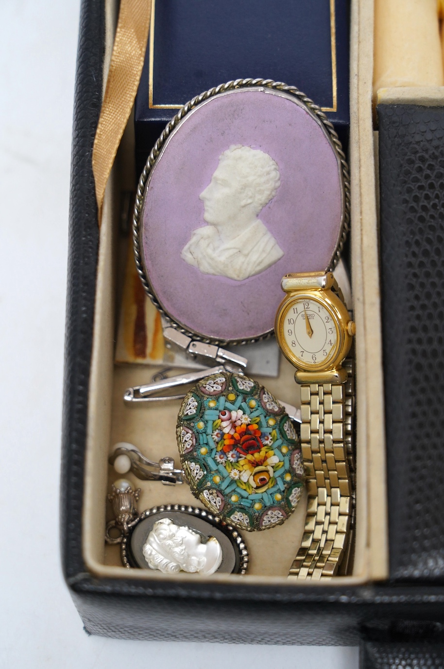 A yellow metal and gem set bar brooch and a quantity of assorted costume jewellery and two pocket watches including silver open face. Condition - fair